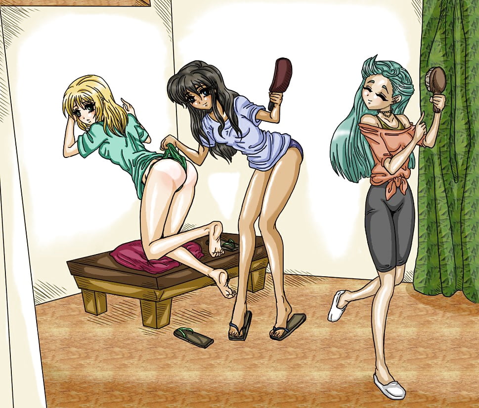 Three girls spanked cartoon art