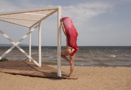 red shawl on windy weather         