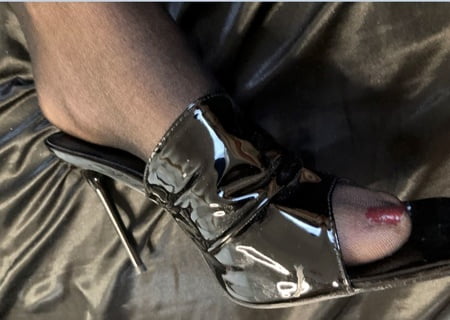 cum on black high heel mules         