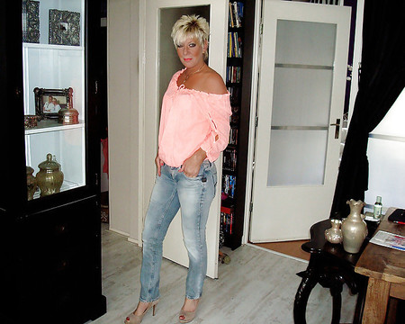 Dutch mature hot chick in tight jeans and nylon