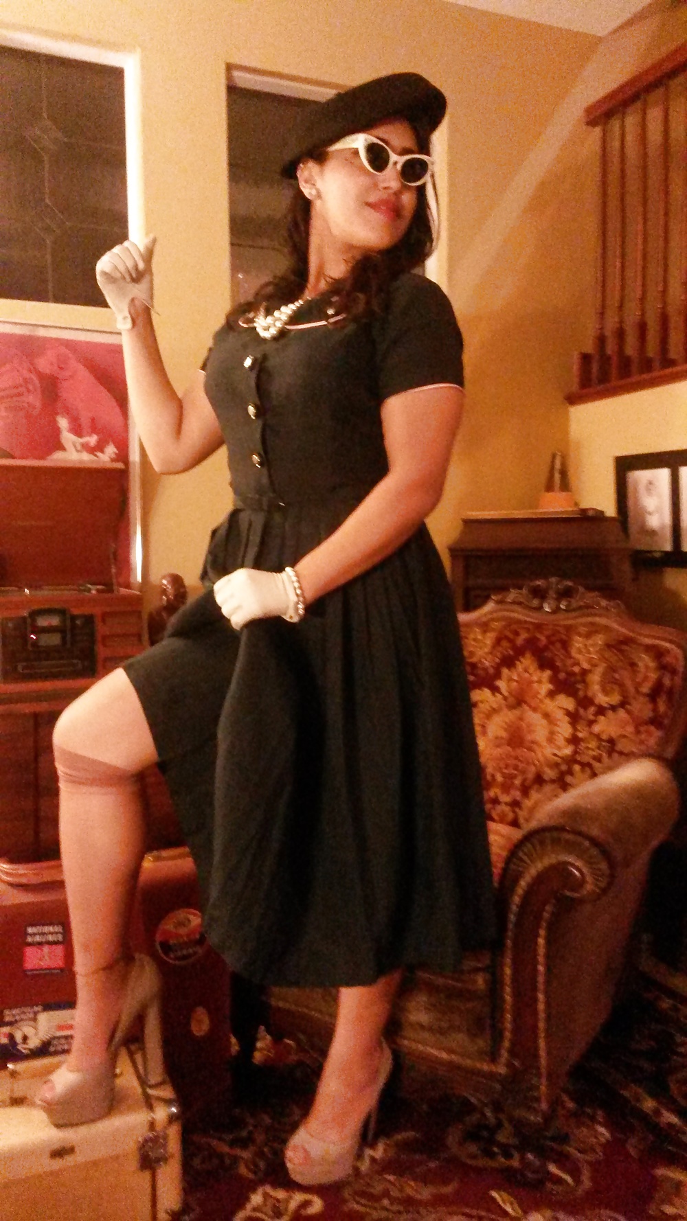 Porn image Pin-up girl in real vintage dress, gloves and stockings