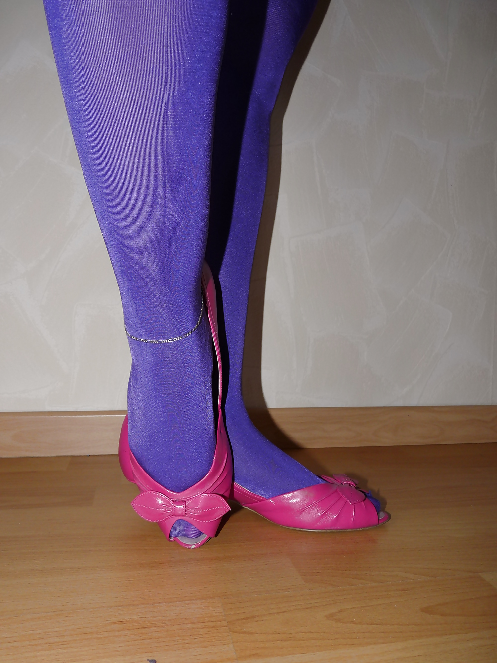 Porn image wifes shiny purple pantyhose pink peep toes