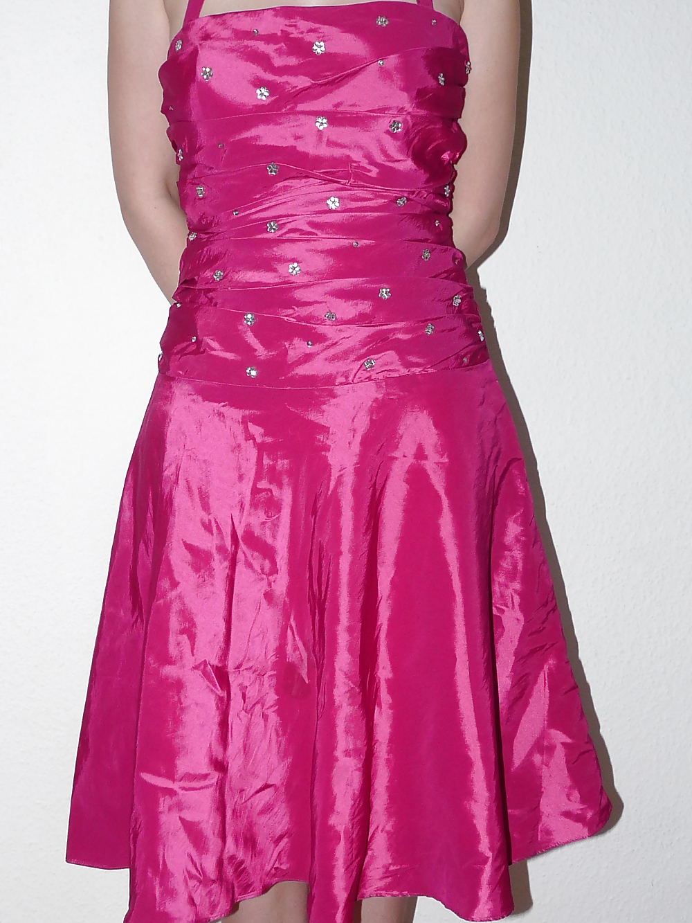 Porn image Wifes pink silk satin shiny barbie dress