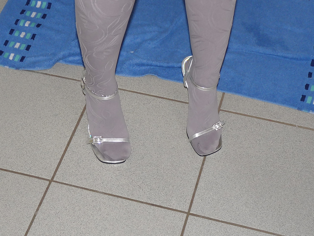 Porn image Wifes shiny silver sandals heels pantyhose
