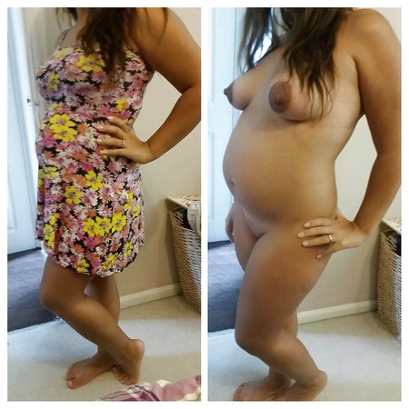 Pregnant wife with clothes and without clothes