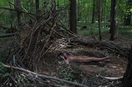 in forest cradle with apple         