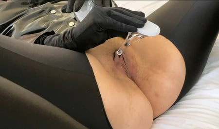 spandex pantyhose and clear high heel mules         