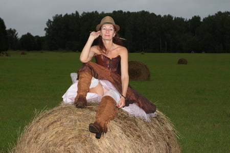 rainy day in meadow and woman         