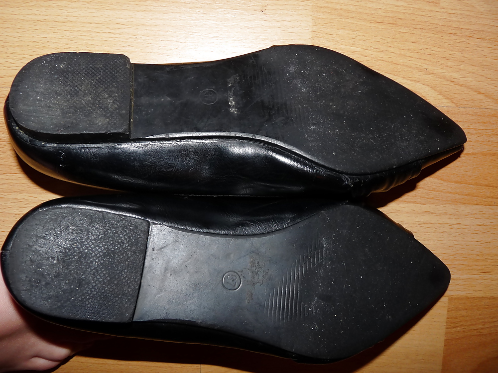 Porn image Wifes sexy black leather ballerina ballet flats shoes 2