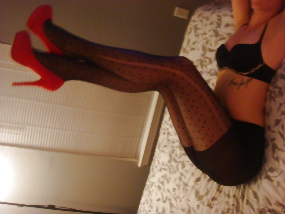 Porn image Black Pantyhose and Red Heels